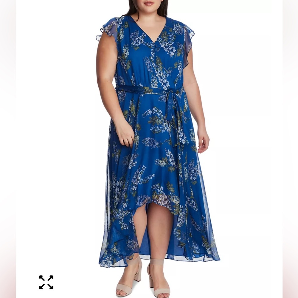 Vince Camuto Blue Floral V Neck Hi Low Fit and Flare Wrap Dress Size 24W